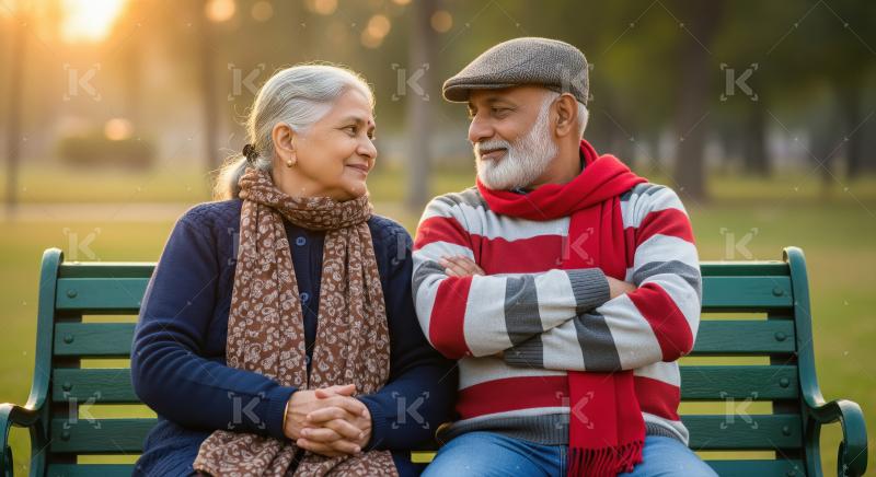 An elderly Indian couple dressed warmly in scarves and sweaters