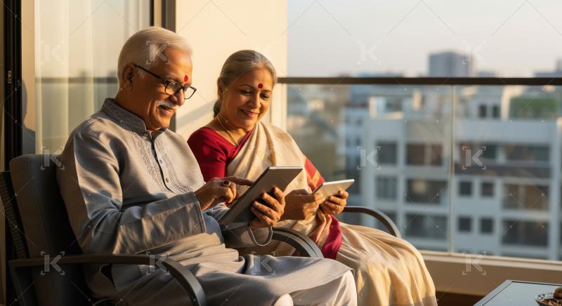 An elderly Indian couple enjoys a peaceful evening on their balc