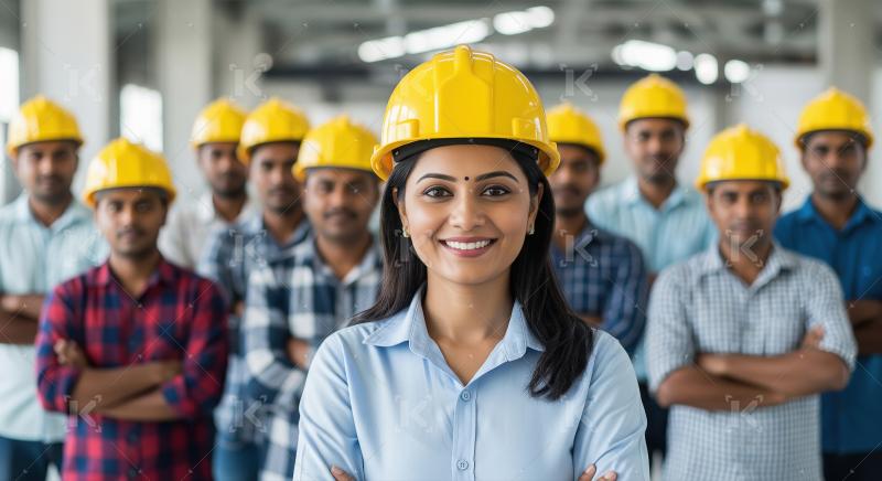 A confident female engineer in yellow hard hat stands at the for