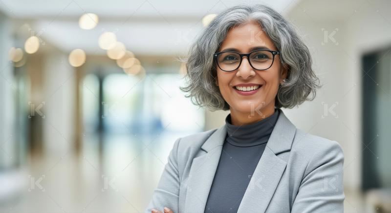 Elegant and confident Indian senior woman with gray hair andglasses stands with folded arms in a modern office corridor