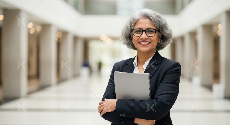 Elegant and confident Indian senior woman with gray hair and gla