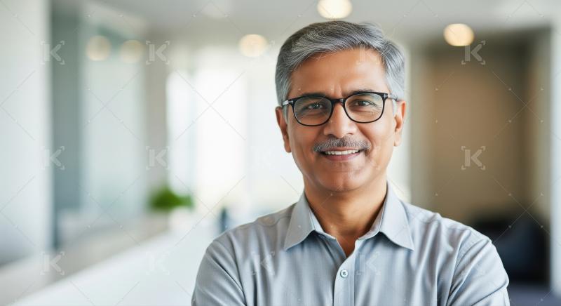 A mature professional man with gray hair and glasses, standing c
