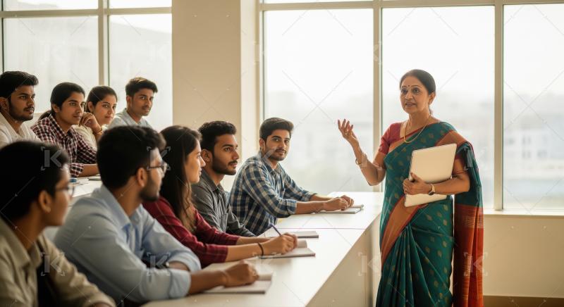 An Indian female professor in a saree teaches a classroom filled