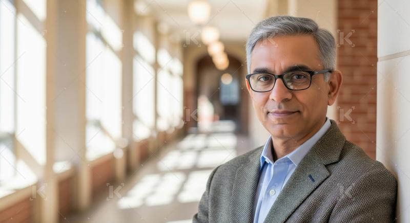 A mature professional man with gray hair and glasses, standing c