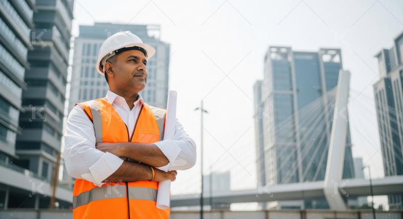 A mature architect or engineer in an orange safety vest and whit