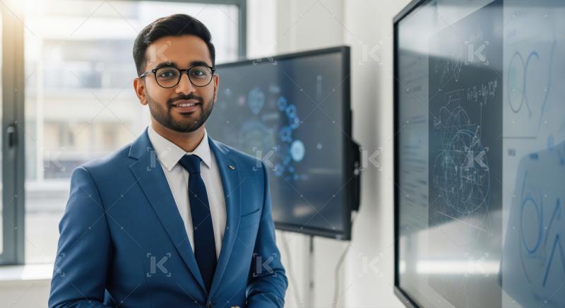 A young businessman in suit presents in a modern office, standin