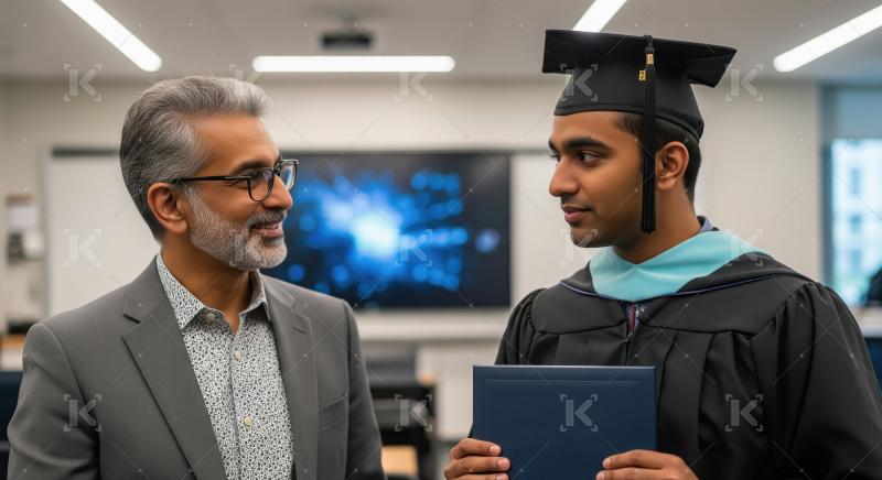 A proud graduate in a cap and gown poses with a diploma alongsid