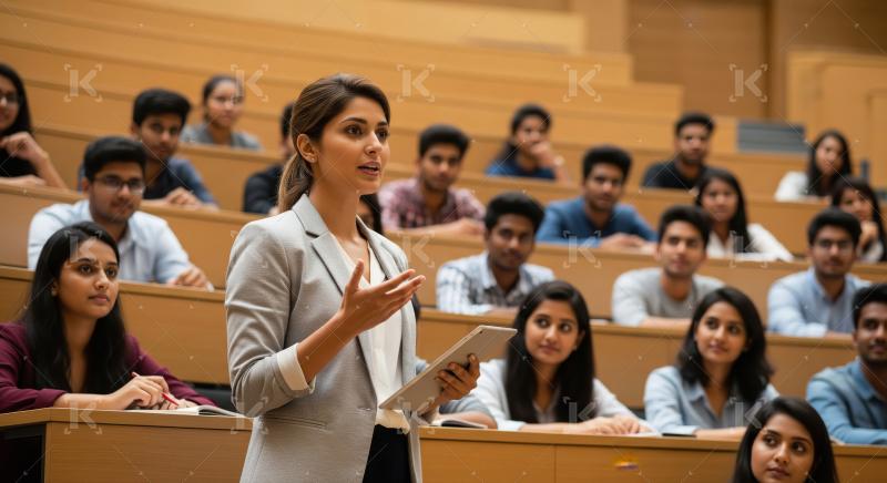 Indian female teacher interacts energetically with attentive col