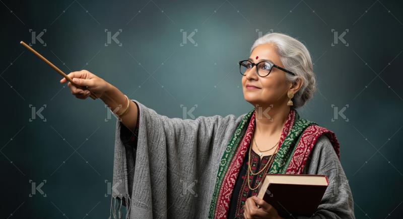 Elderly Indian woman teacher in a grey shawl and traditional att