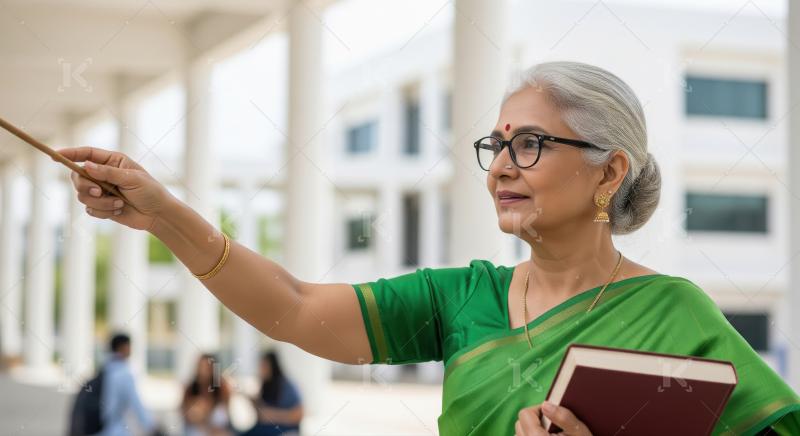 Elderly Indian woman teacher in a grey shawl and traditional att