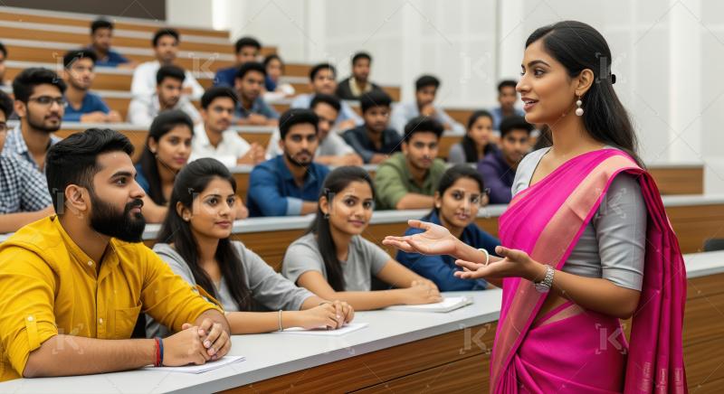 Indian female teacher interacts energetically with attentive col