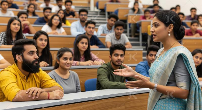 Indian female teacher interacts energetically with attentive col