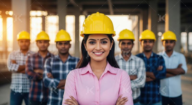 A confident female engineer in yellow hard hat stands at the for