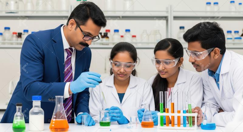 A science teacher in a suit conducts a chemistry experiment with