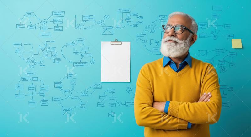 An older man in a yellow sweater stands with arms crossed in fro