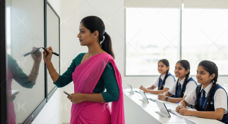 Indian female teacher in a pink saree writes on a digital whiteb