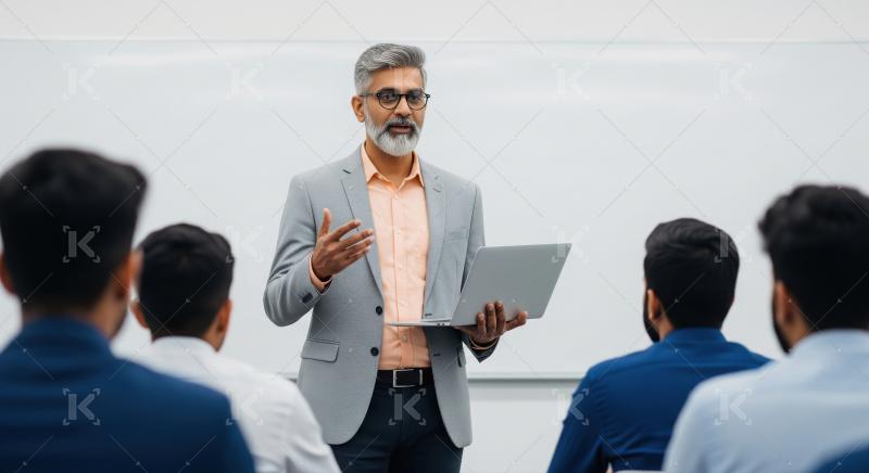 A senior male professor in a grey suit delivers a lecture with a