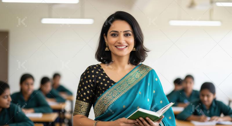 A smiling Indian female teacher in a traditional saree stands co