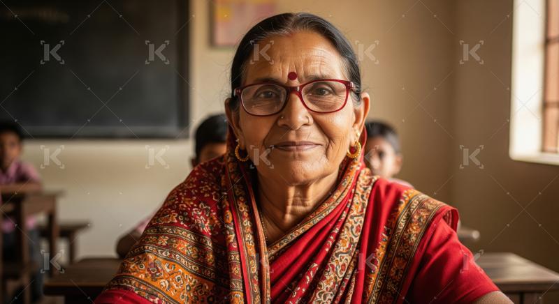 Elderly Indian woman in a red saree with gold details sits at a