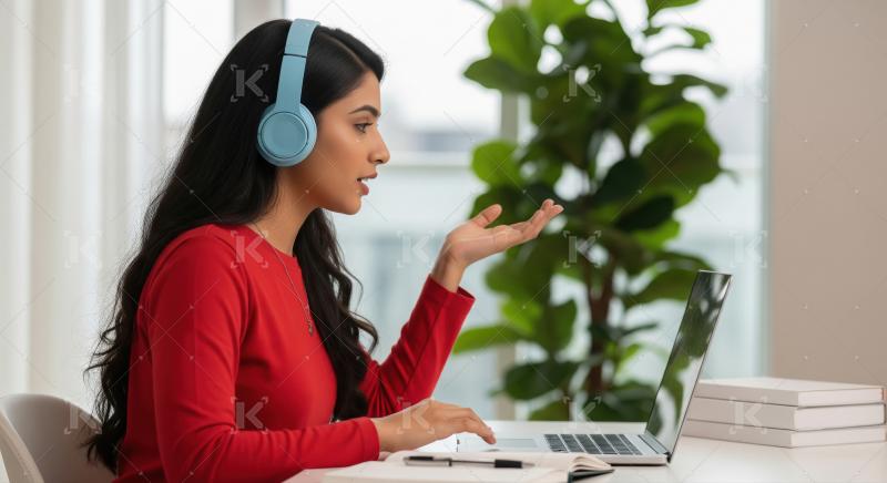 A young woman in a red shirt studies online at home with headpho