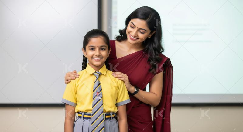 Indian female teacher stands beside a schoolgirl in a yellow uni