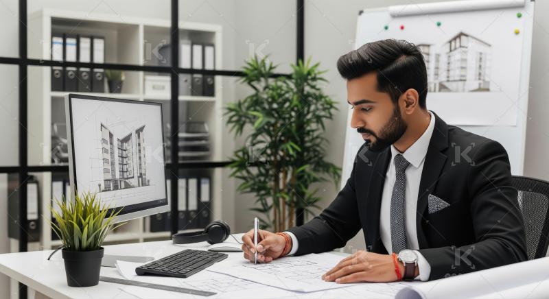A young architect or designer in a black suit and tie reviews bu