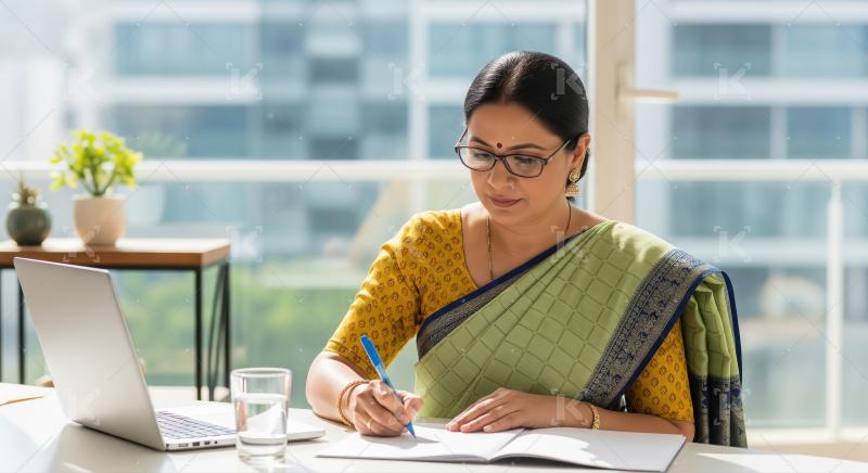 Indian female teacher sits at a bright desk by a window, writing