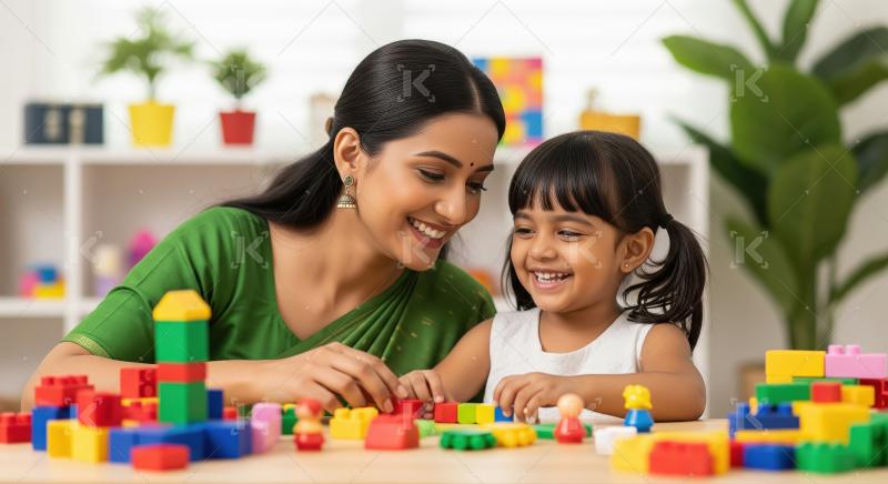 Indian woman in a green saree plays and learns with her young da
