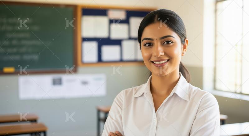 Indian female teacher in a white shirt stands with folded arms i