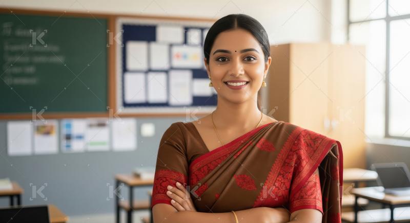 A smiling Indian female teacher in a traditional saree stands co
