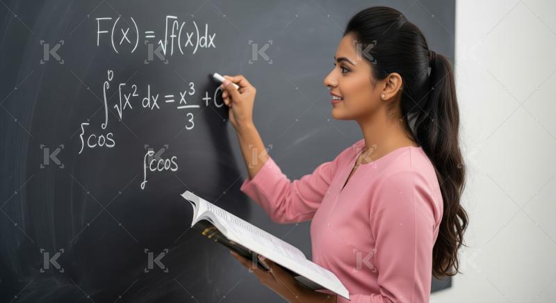 A young Indian female mathematics teacher in a pink top explains