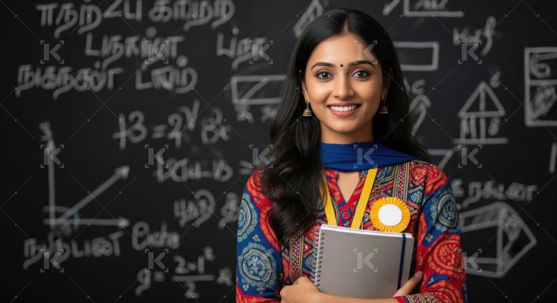 Indian female student in a vibrant kurta and award ribbon stands