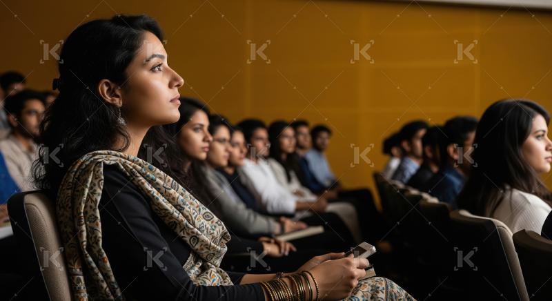 Indian female college student sits attentively in an auditorium
