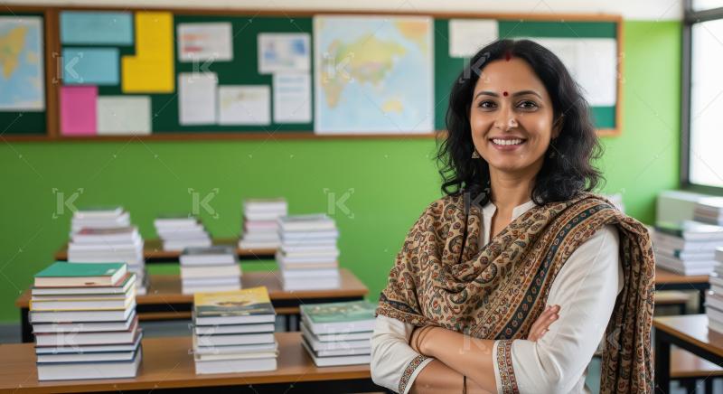 A smiling Indian female teacher in a traditional saree stands co