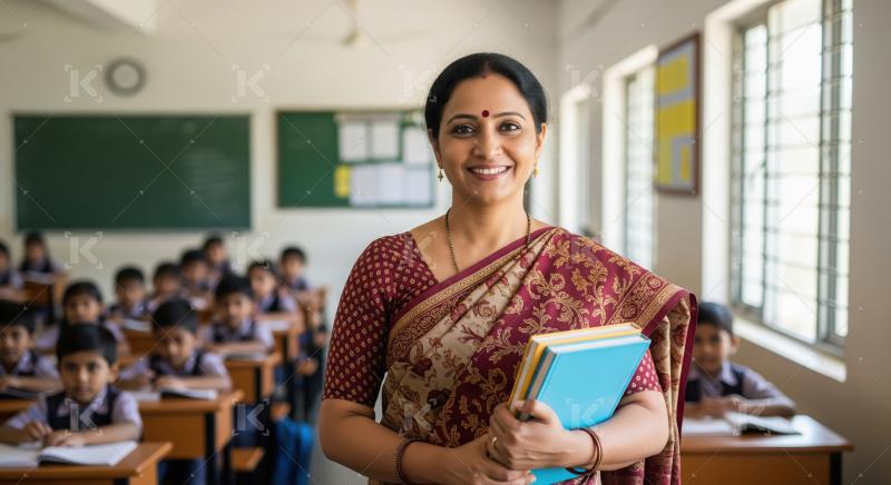 A smiling Indian female teacher in a traditional saree stands co