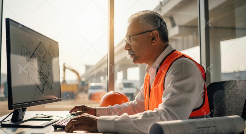 A senior male architect or engineer in an orange safety vest and