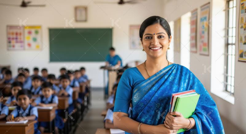 A smiling Indian female teacher in a traditional saree stands co