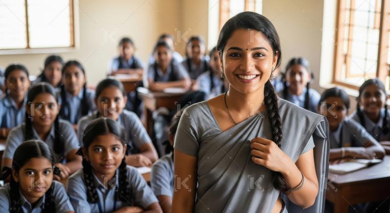 Indian female teacher in a grey sari stands in front of a classr