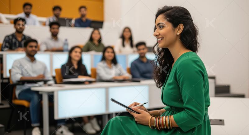 Indian female college student in a green dress sits with a table