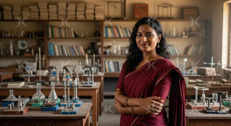 A smiling Indian female teacher in a traditional saree stands co
