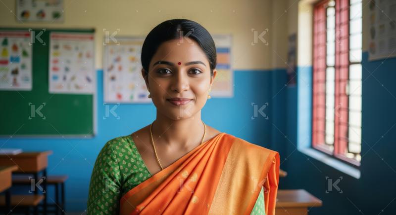 A smiling Indian female teacher in a traditional saree stands co