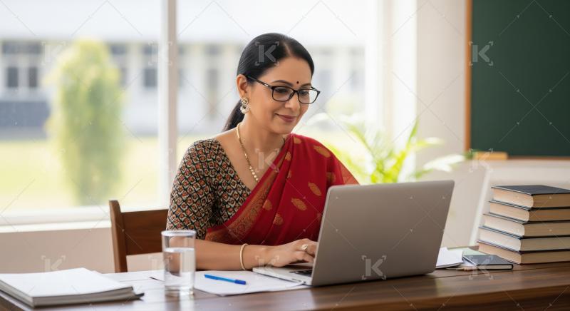 Indian woman teacher in a red sari and glasses works at her desk