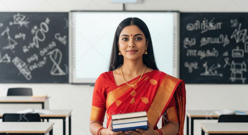 A smiling Indian female teacher in a traditional saree stands co