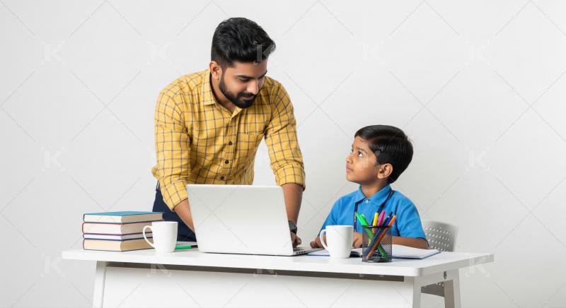 Indian teacher in a yellow check shirt helps a young boy in a bl