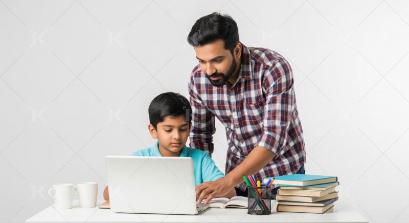 Indian teacher in a yellow check shirt helps a young boy in a bl