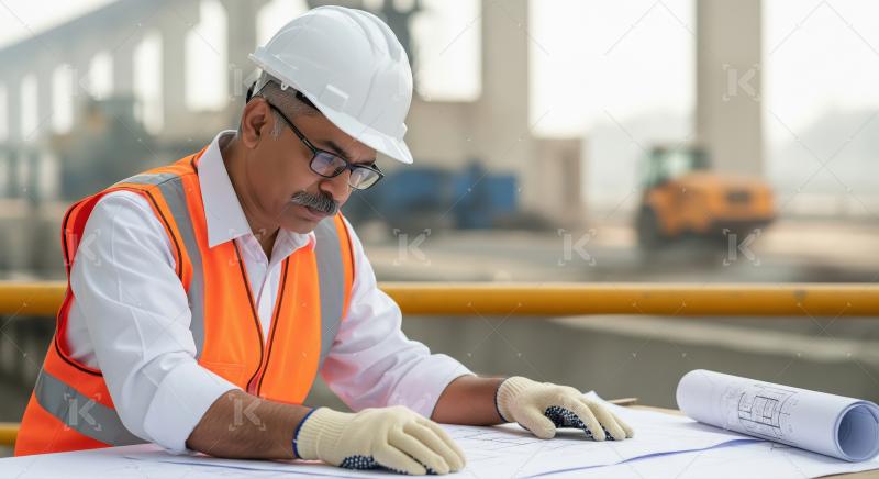 A senior engineer or architect concentrates on blueprints at a t