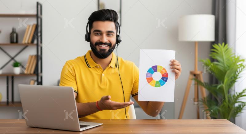 Young Indian male teacher teaches online, wearing headphones and