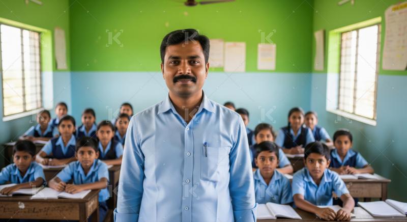 Indian male teacher in a light blue shirt stands at the front of