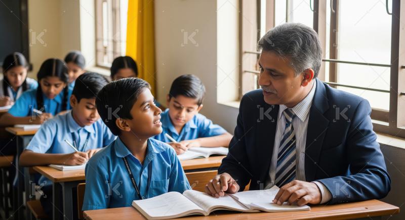 Indian male teacher in a suit sits beside a young student, offer