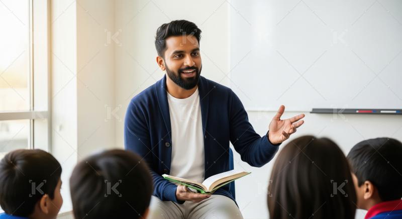 Indian male teacher reads to a group of attentive children, fost